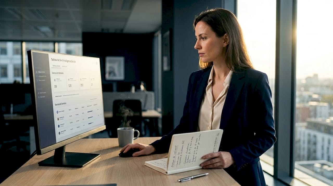 Un analyste métier consulte attentivement les indicateurs de performance sur son tableau de bord, installé à son bureau.