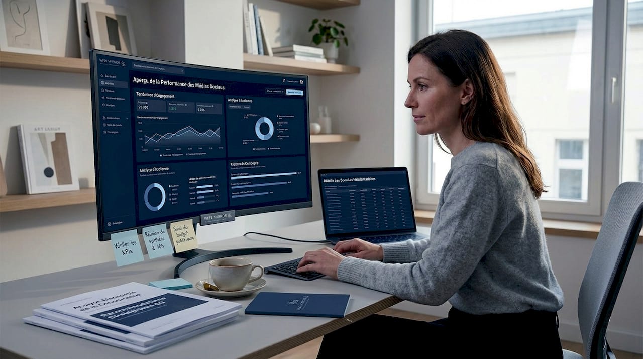 Une femme analyse les statistiques de ses réseaux sociaux installée à son bureau.