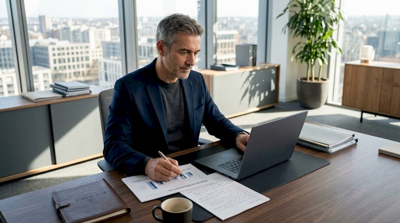 Un chef d’entreprise en pleine analyse de ses données derrière son bureau.