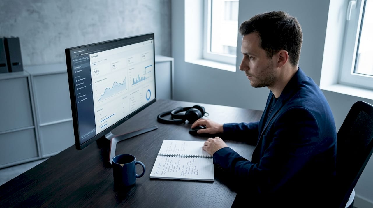 Un expert en analyse observe attentivement un tableau de bord interactif pour suivre l’évolution des données en temps réel.