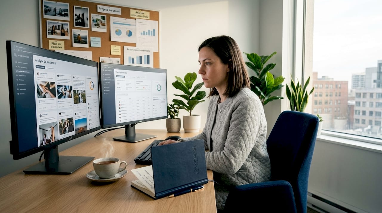Un analyste examine les données issues des réseaux sociaux depuis son bureau.