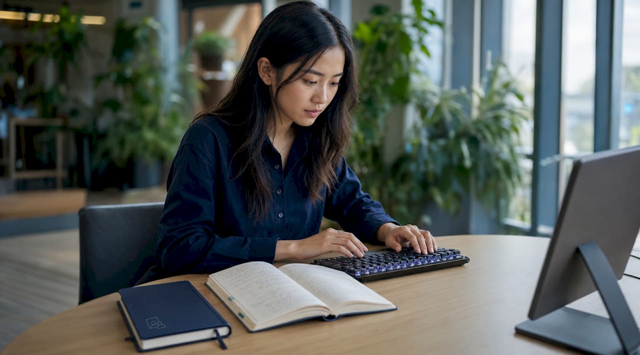 Des mains qui s’activent sur un clavier, dans un espace de travail épuré.