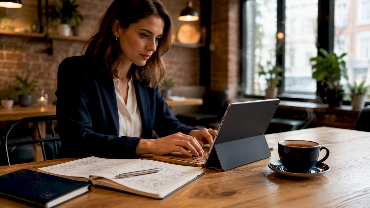 Travail sur ordinateur, accompagné de prises de notes et du téléphone à portée de main