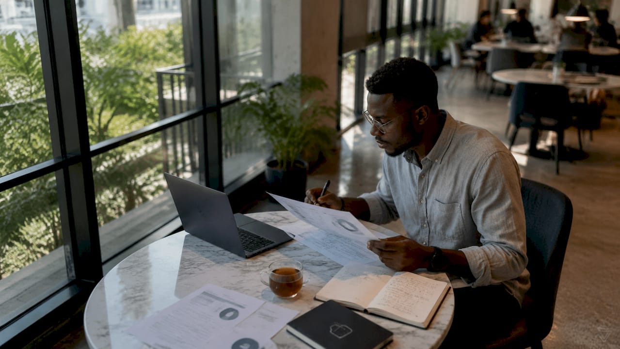 Au bureau, un analyste examine attentivement un rapport de veille interne pour en tirer les enseignements clés.
