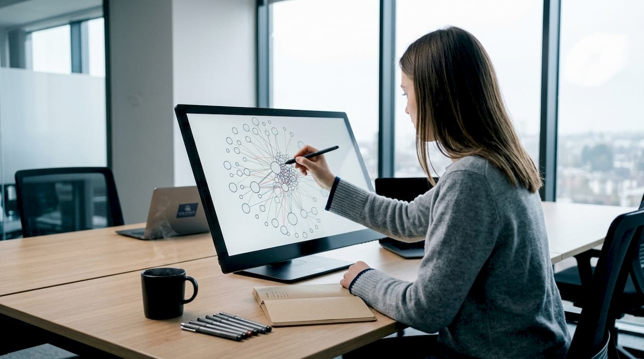 Une jeune femme se penche sur l’analyse des dynamiques d’influence à travers la cartographie.