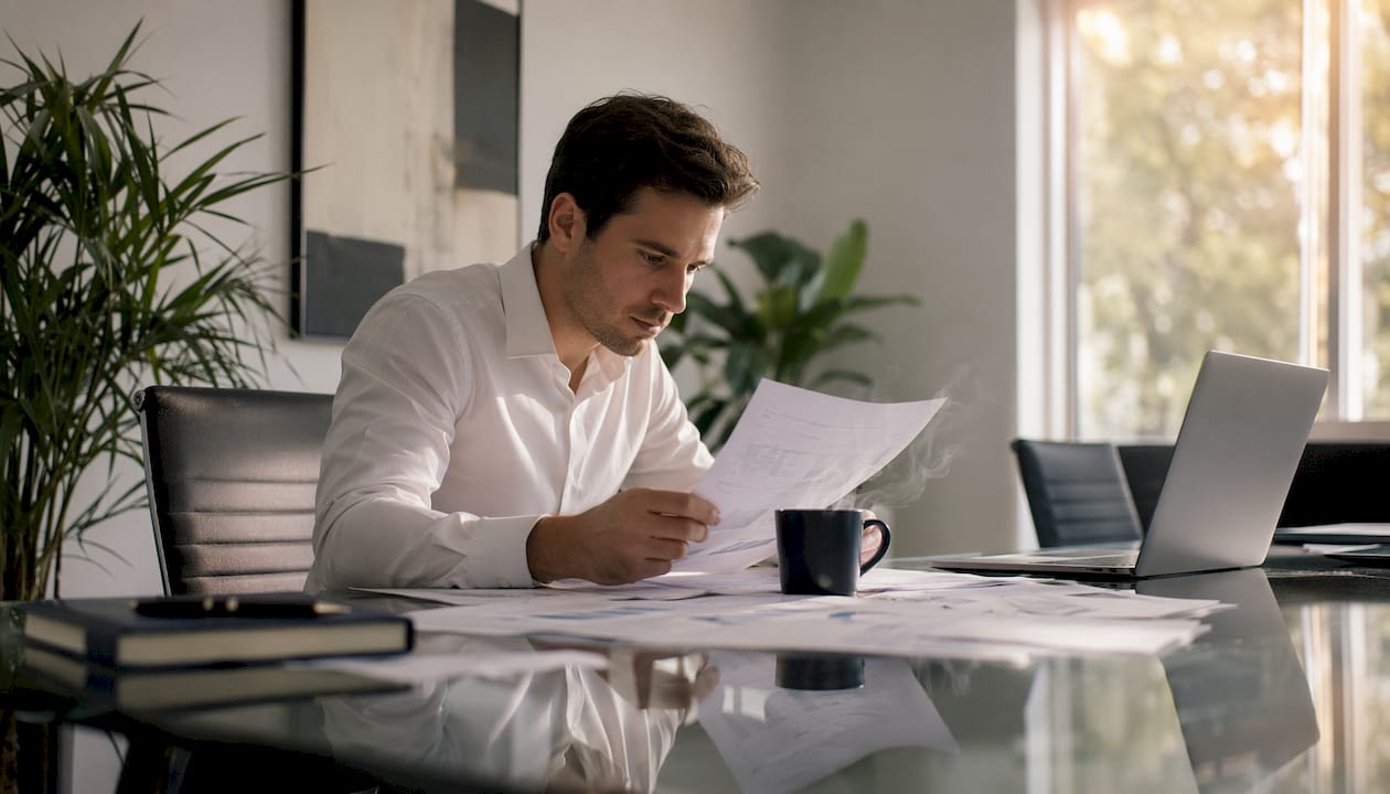 Un analyste passe en revue des rapports papier à son bureau.
