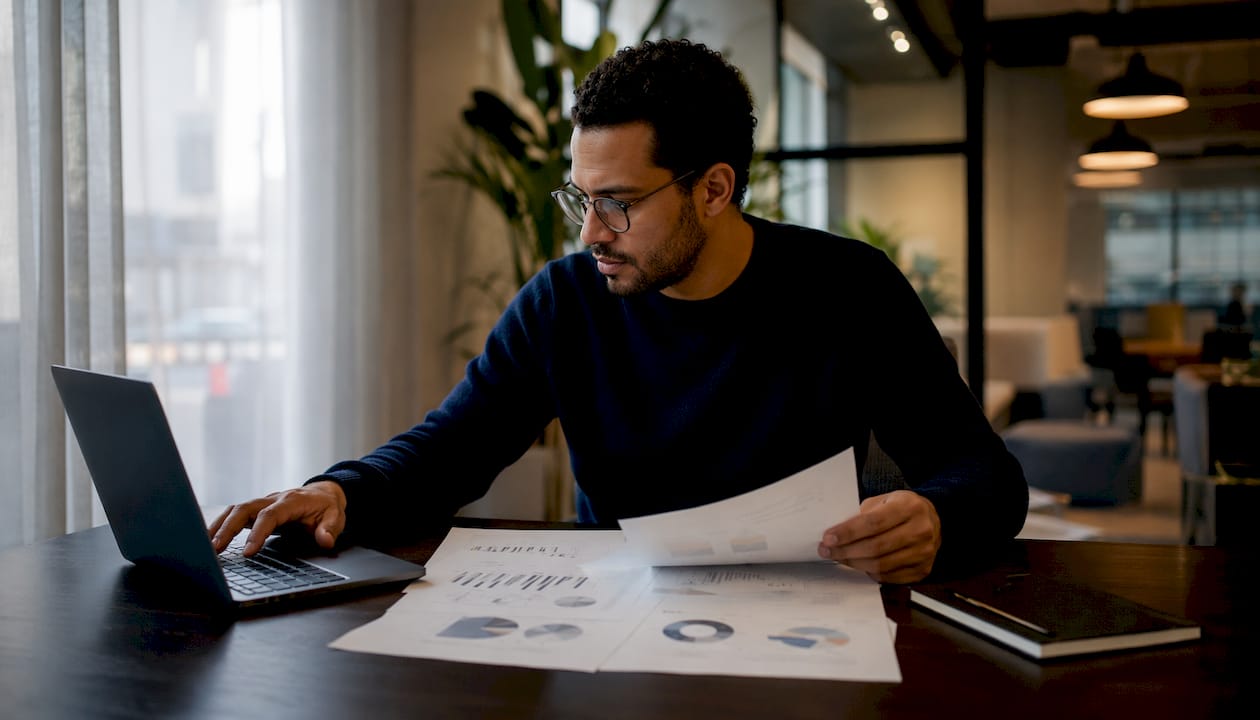 Un homme plongé dans l’analyse de ses données, installé confortablement dans un café.