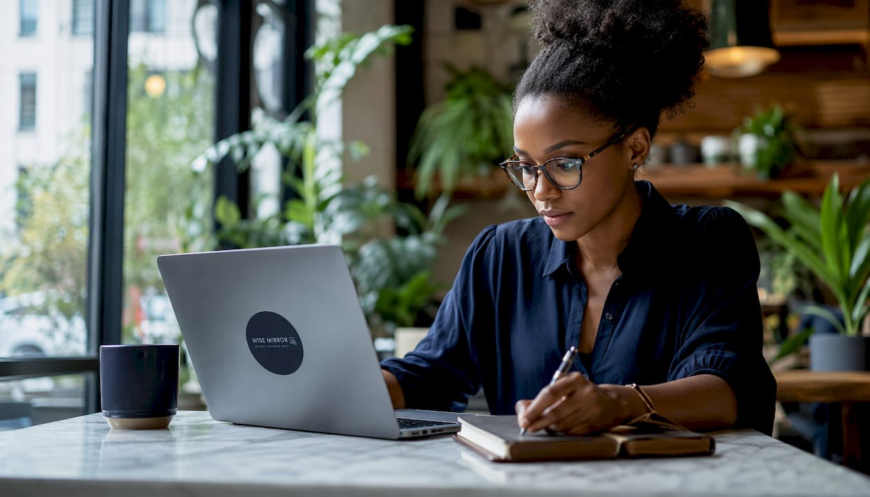 Une femme examine des données issues de l’écoute sociale, installée à son bureau.