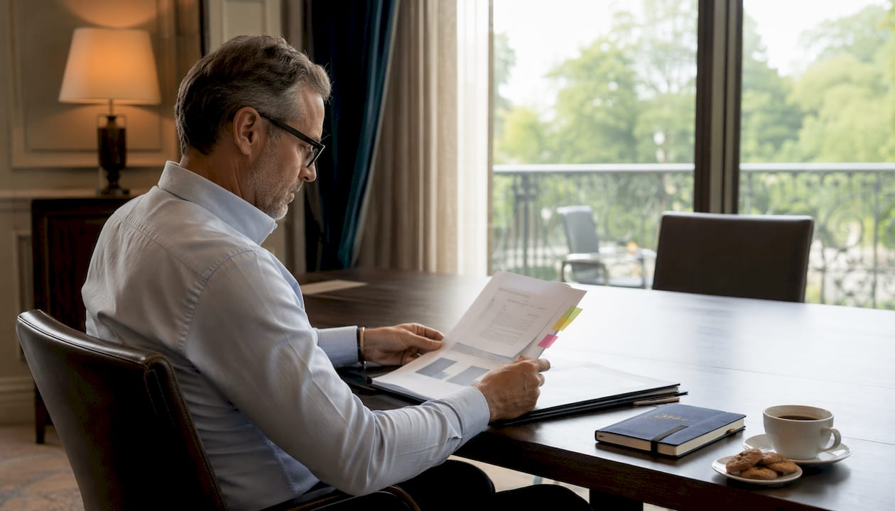 Un cadre examine un rapport de veille stratégique lors d'une réunion de direction.