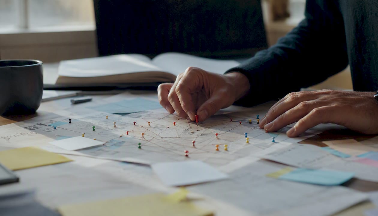 Des mains disposent soigneusement une carte d’analyse des mots-clés sur la table.
