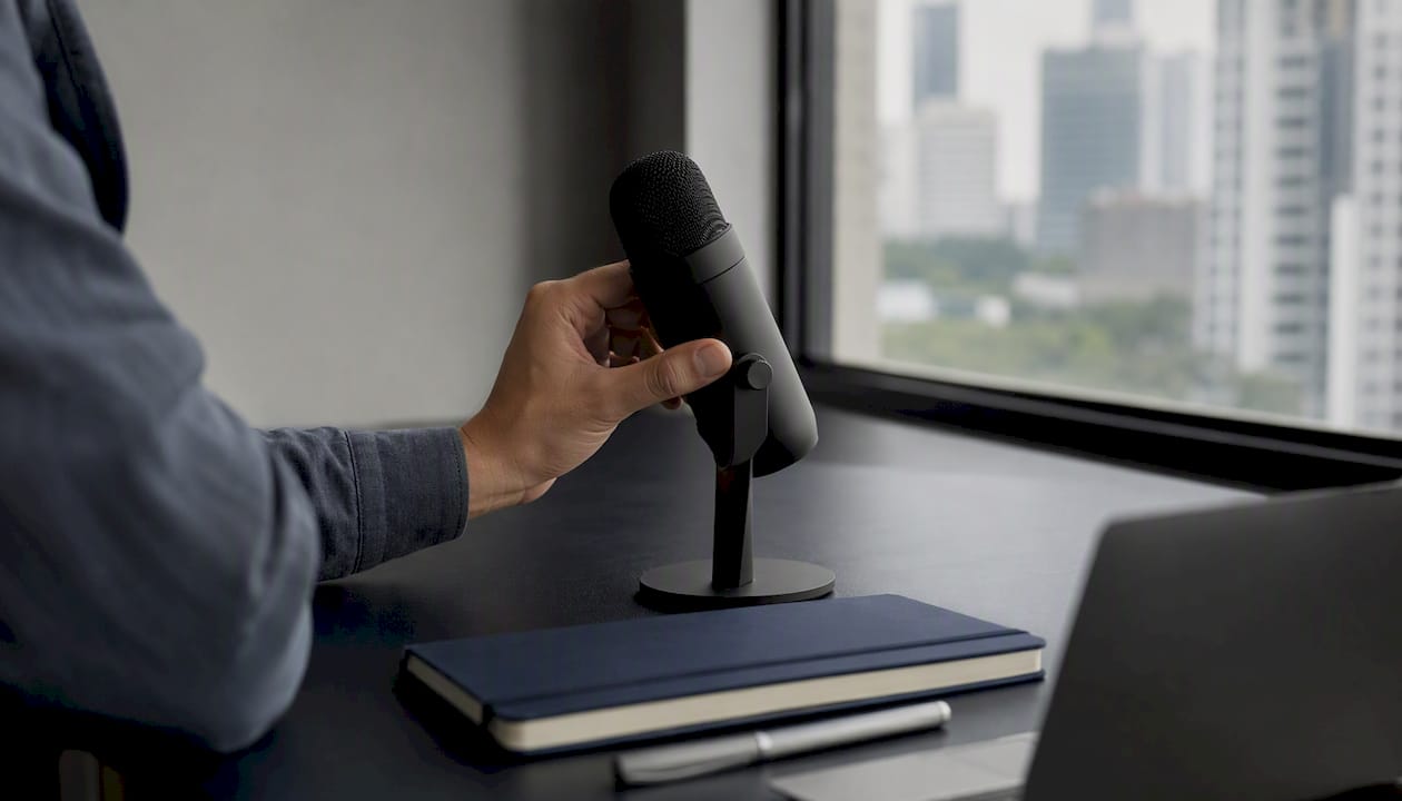 On aperçoit des mains en train de régler un enregistreur audio posé sur un bureau.
