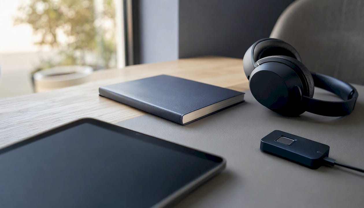 Un smartphone posé sur le bord d’un bureau sombre, accompagné d’un casque audio.