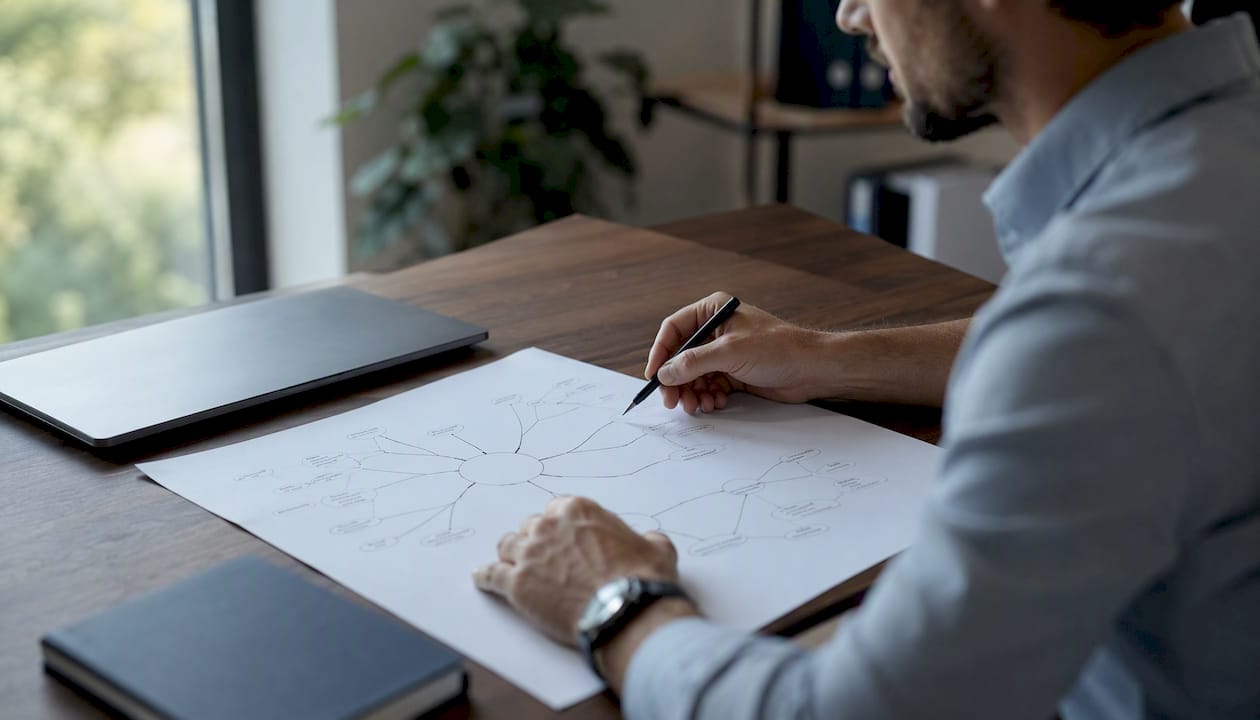 Des mains posées près d’un ordinateur portable et d’un smartphone sur le bureau.