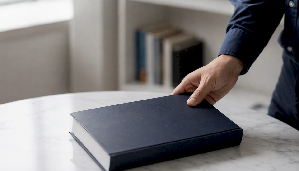 Une main pose sur la table un guide de gestion de crise, prêt à être utilisé en cas d'urgence.