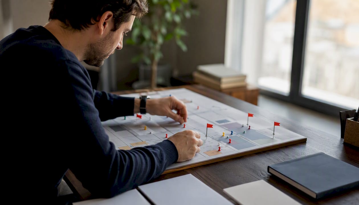 Des mains ajustent des indicateurs sur un tableau de suivi de la réputation
