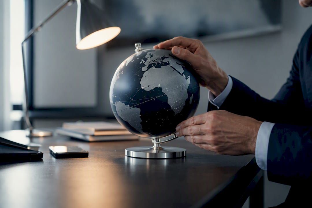 Des mains manipulent un appareil de suivi cartographique du monde.