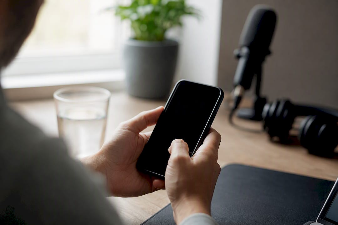 Mains faisant défiler un smartphone avec du matériel d'écoute à proximité