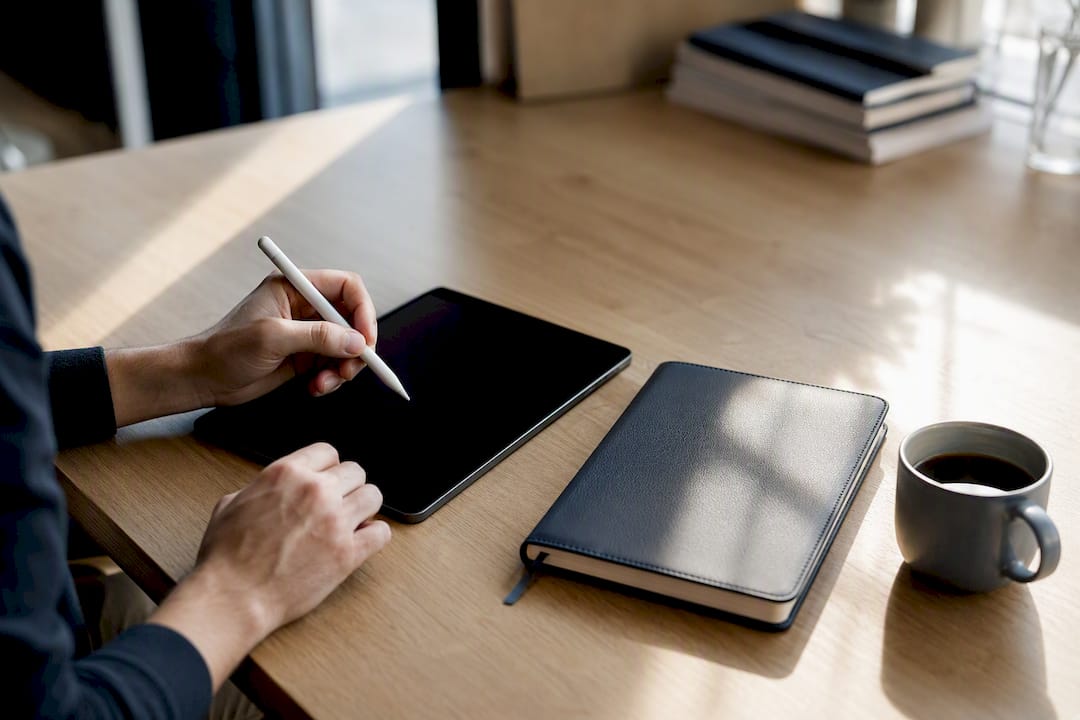 Mains tenant une tablette numérique avec un café sur un bureau bleu marine
