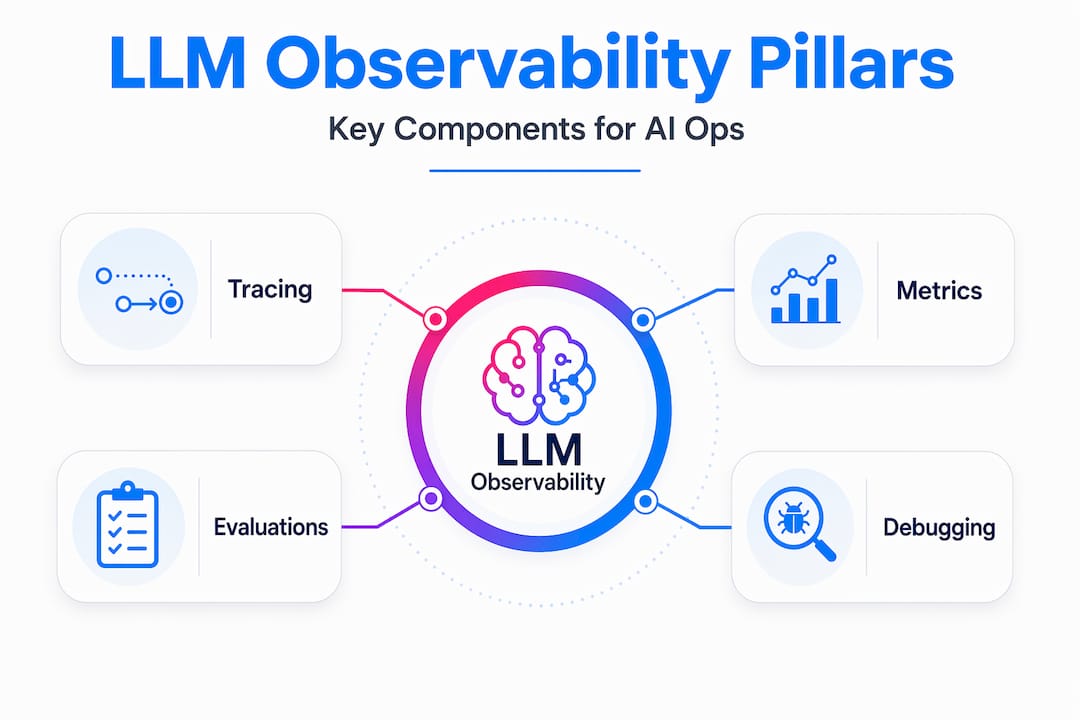 Infographic shows hierarchy of LLM observability pillars