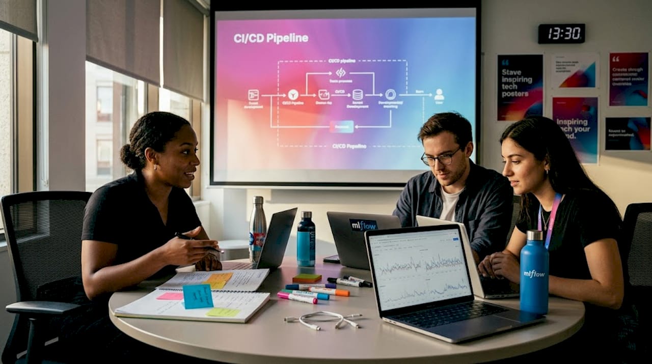 Team collaborating on CI/CD pipeline diagram