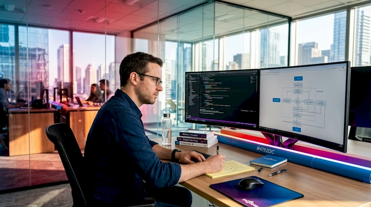 AI engineer working in a modern office workspace