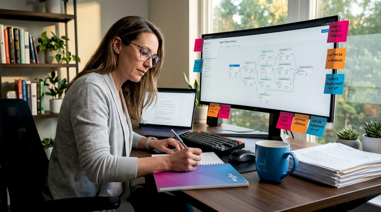 Professional toggling between computer tabs and handwritten notes