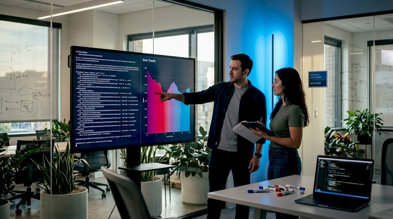 Engineers reviewing AI agent error outputs