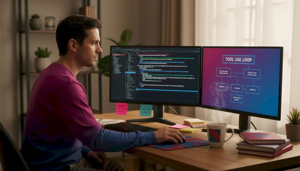Engineer at desk with AI agent schematics