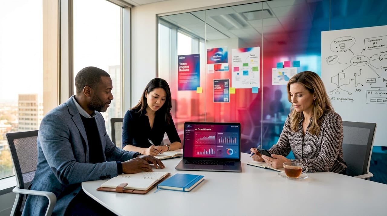 Team reviewing AI business outcomes together