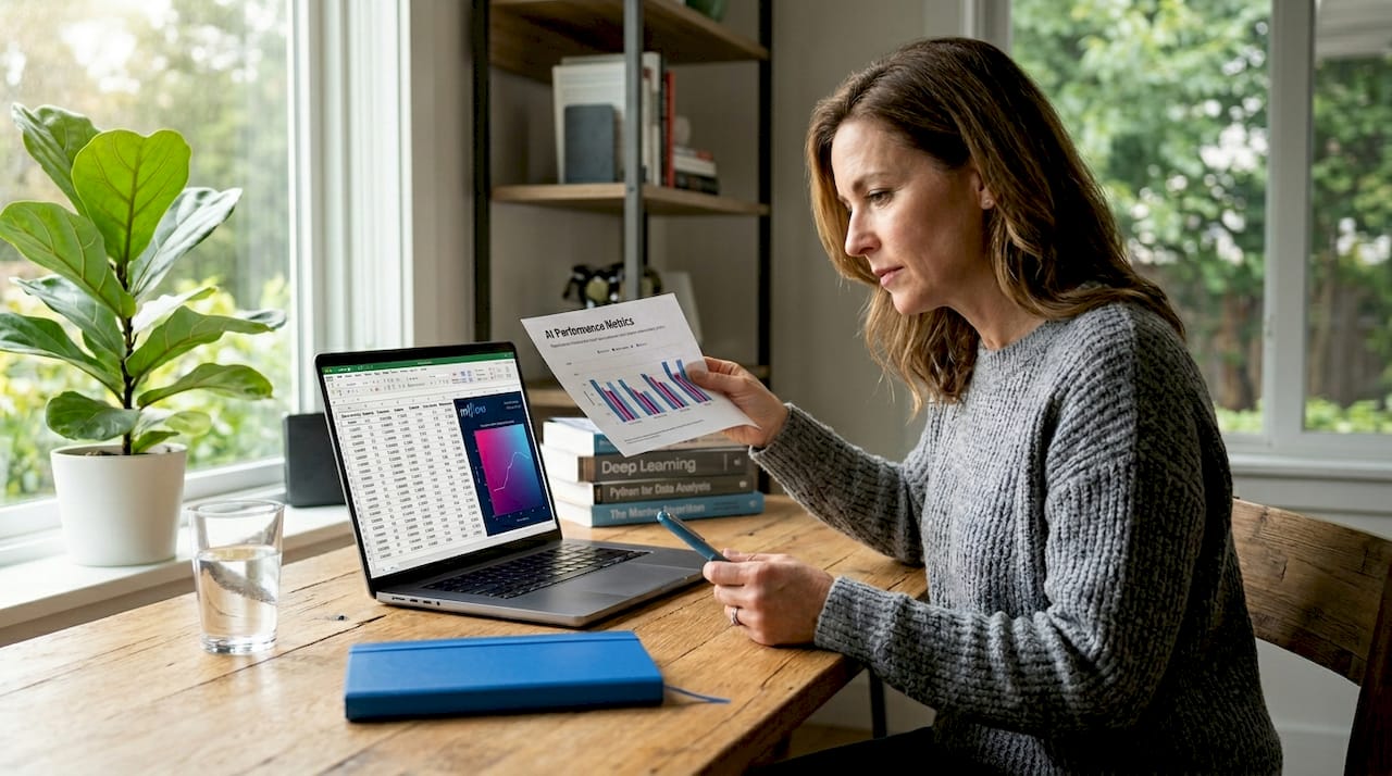 Manager reviewing AI project report at desk