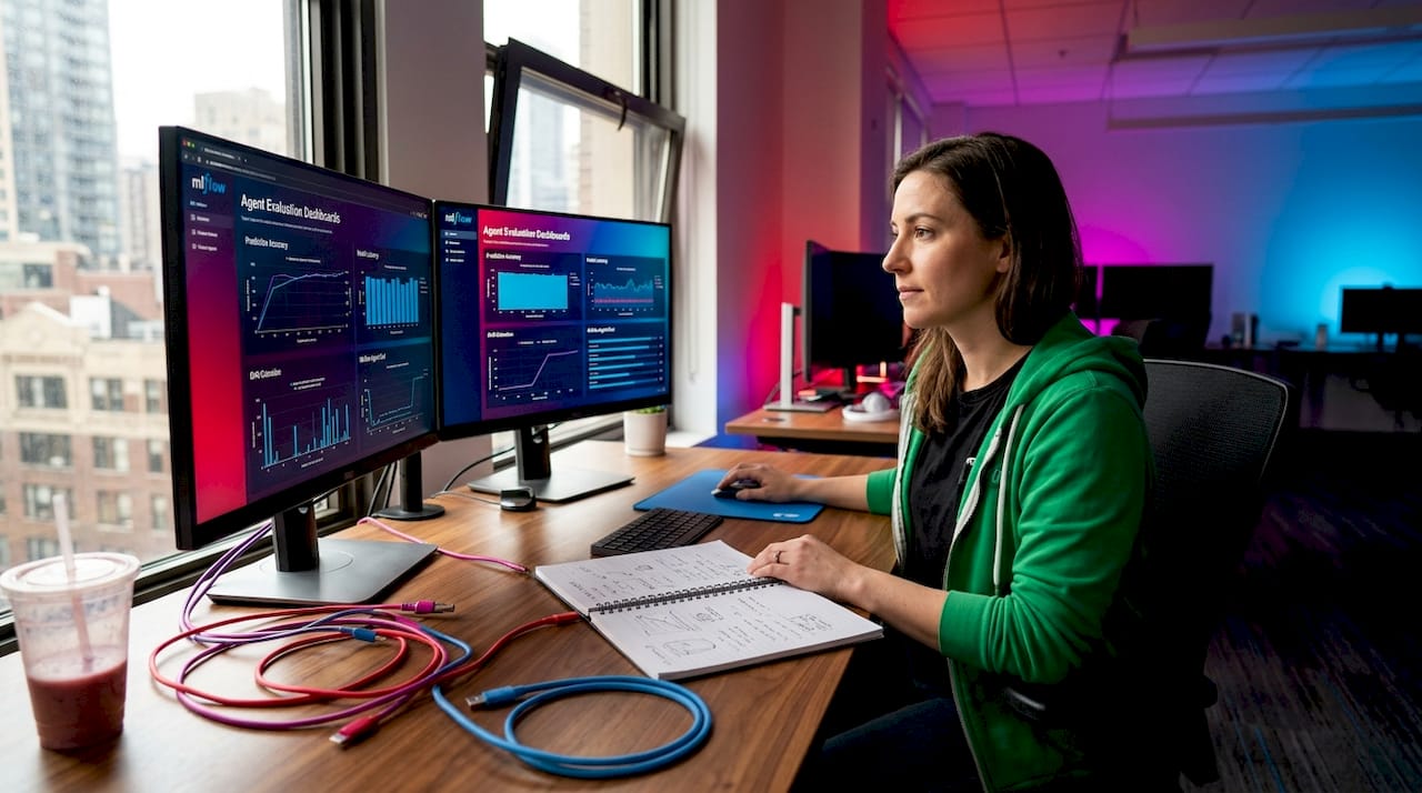 Engineer reviewing agent evaluation dashboards
