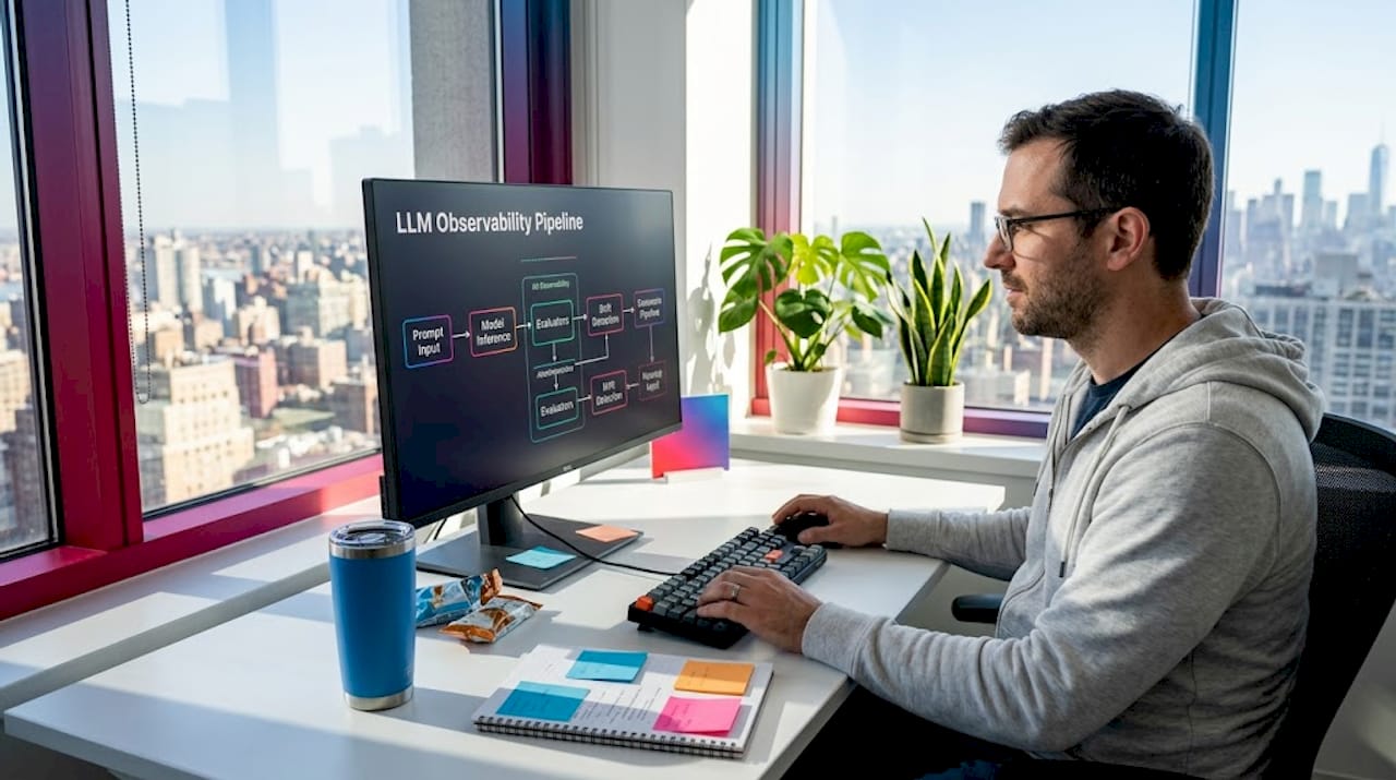 Engineer coding LLM observability pipeline in office