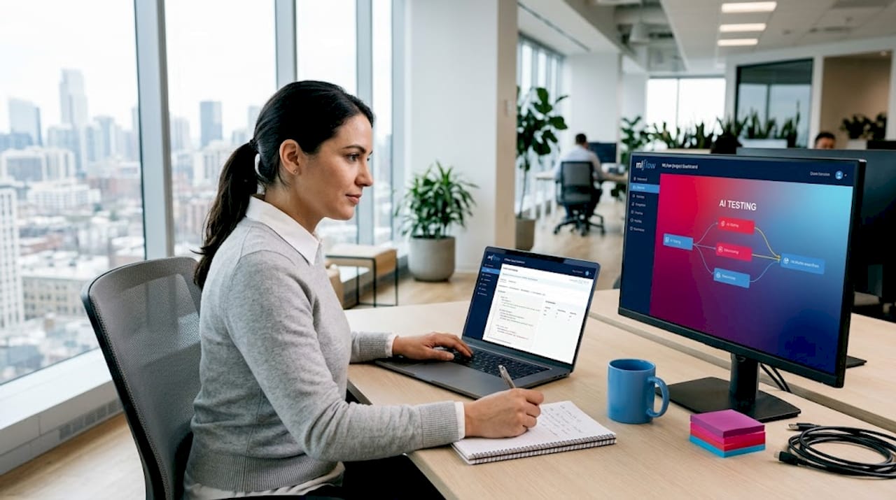 QA engineer testing AI app in corner office