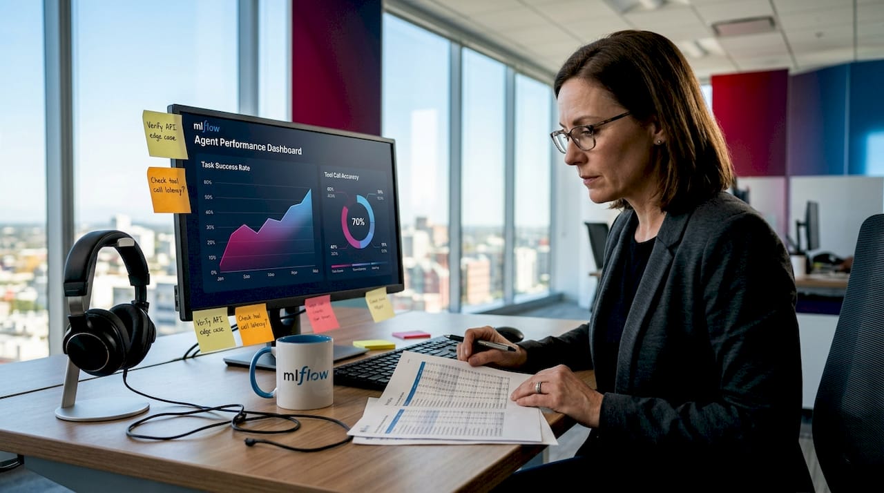 QA engineer reviewing AI agent evaluation metrics