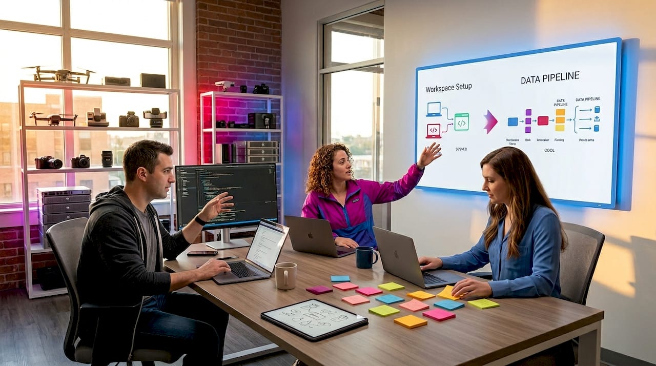 Engineers collaborating in AI workspace