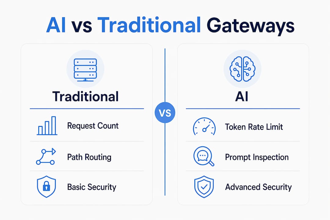 Infographic comparing AI and traditional API gateways