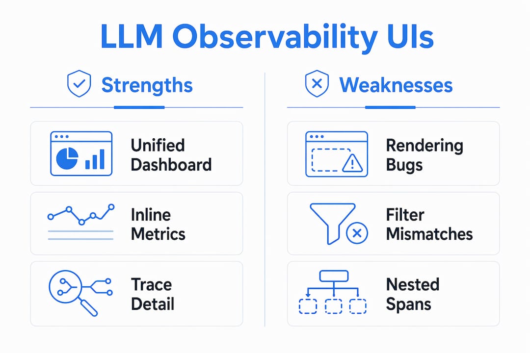 Infographic comparing strengths and weaknesses of LLM observability UIs
