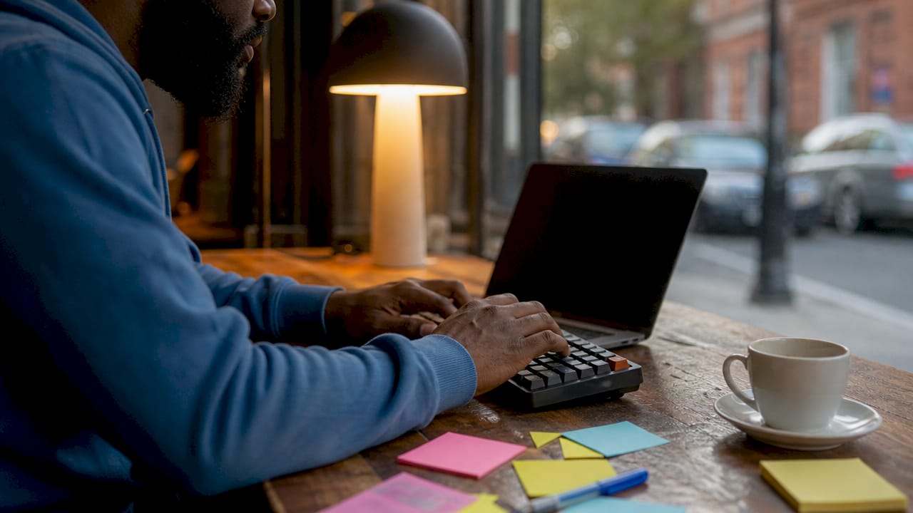 Hands typing at standing desk with notes