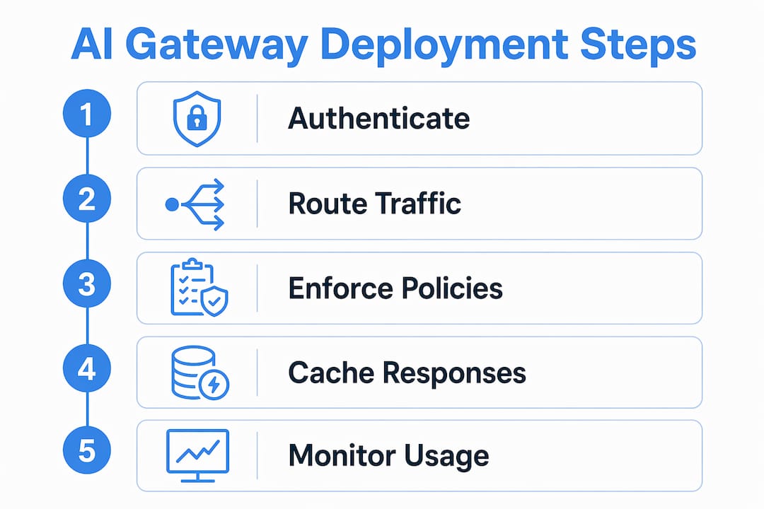 Infographic showing AI gateway deployment steps with icons and labels