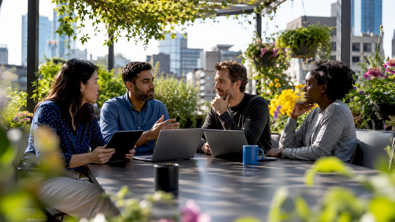 AI team collaborating around conference table