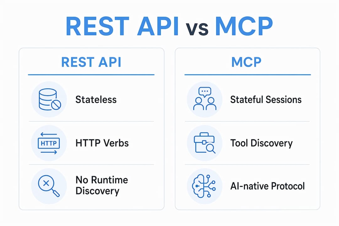 Infographic comparing REST API and MCP features