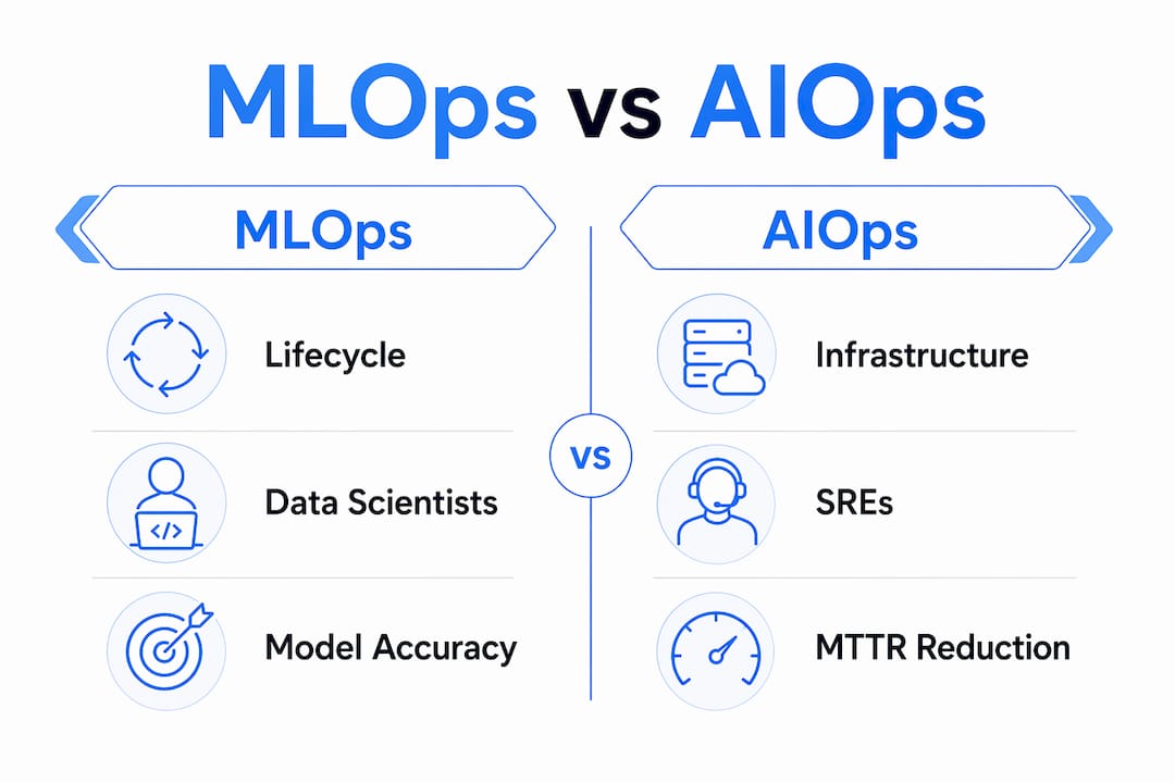 Infographic contrasting MLOps and AIOps key aspects