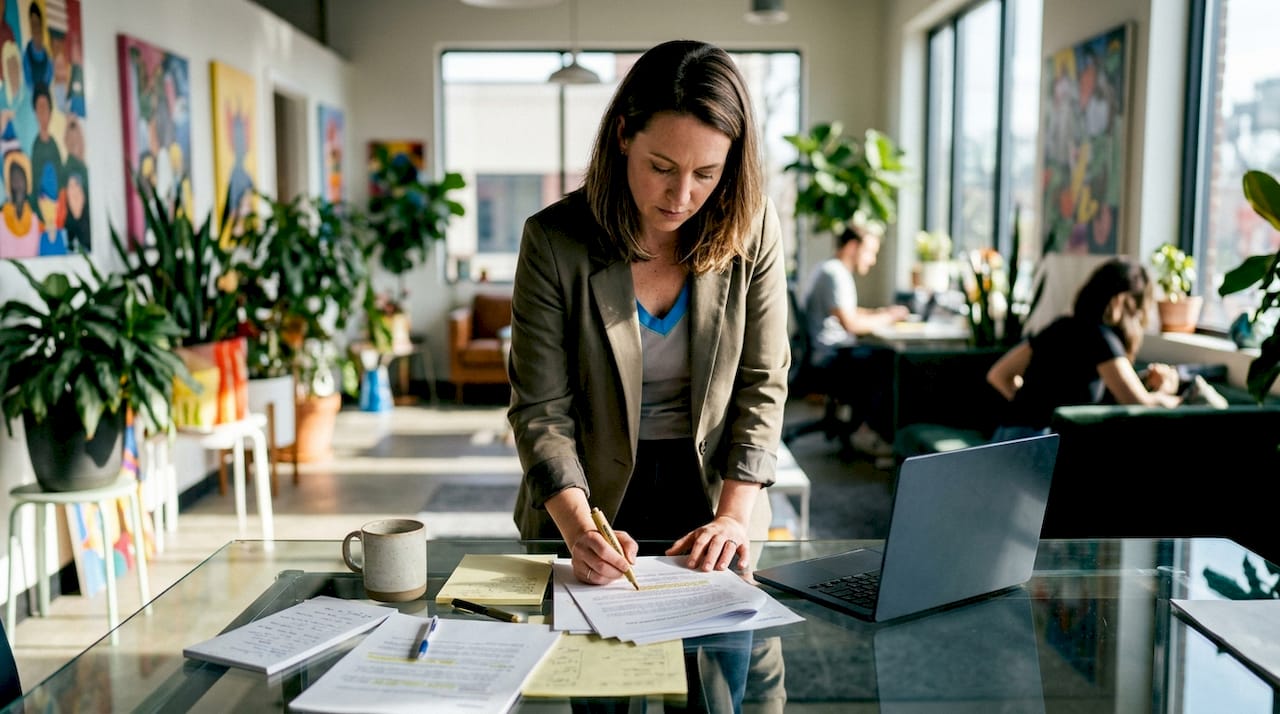 Auditor reviewing printed AI audit documents