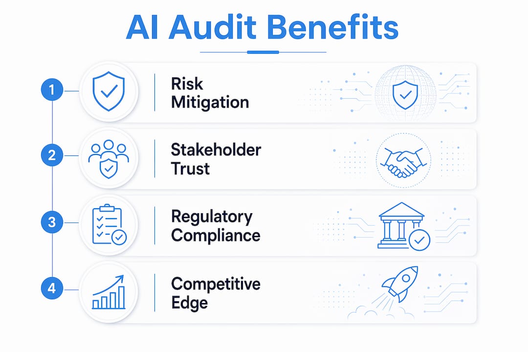 Infographic showing key benefits of AI auditing