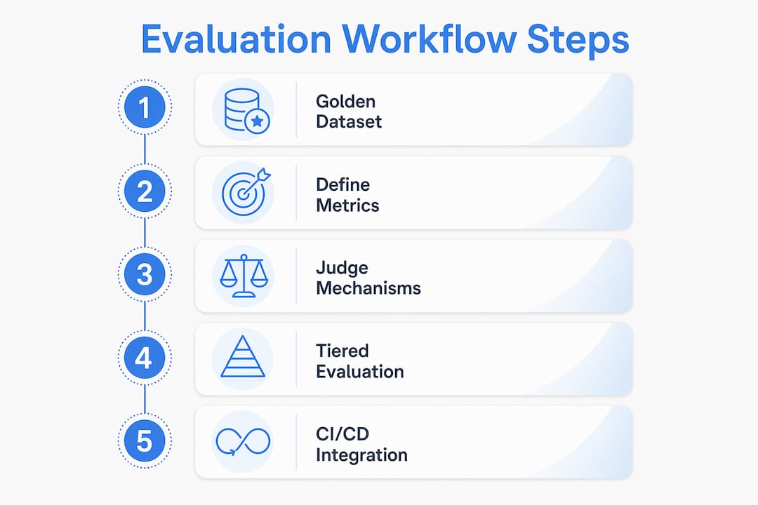 Infographic showing step-by-step AI evaluation workflow stages