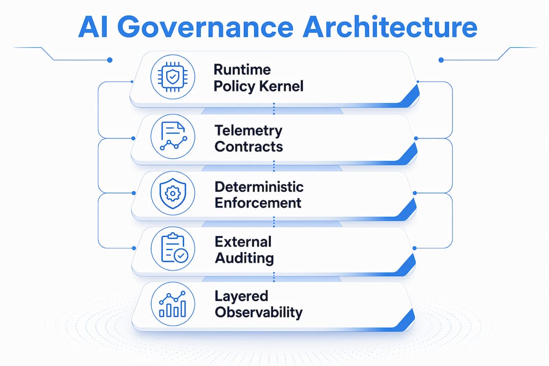 Infographic illustrating architectural pillars of AI governance