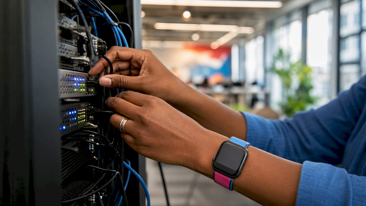 Hands connecting cables in AI data center rack