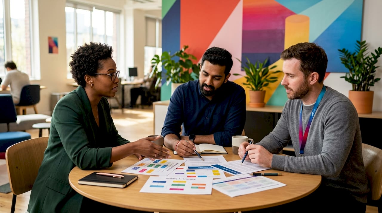 Team discussing AI policy enforcement diagrams