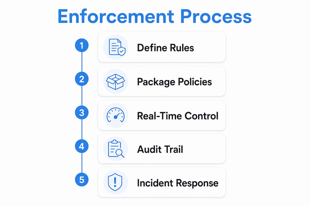 Infographic outlining AI policy enforcement steps