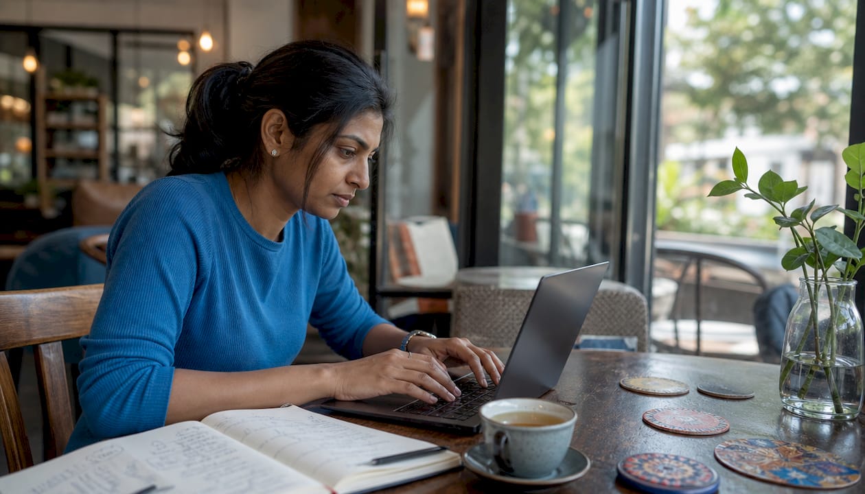 Woman working on AI experiment tracking laptop